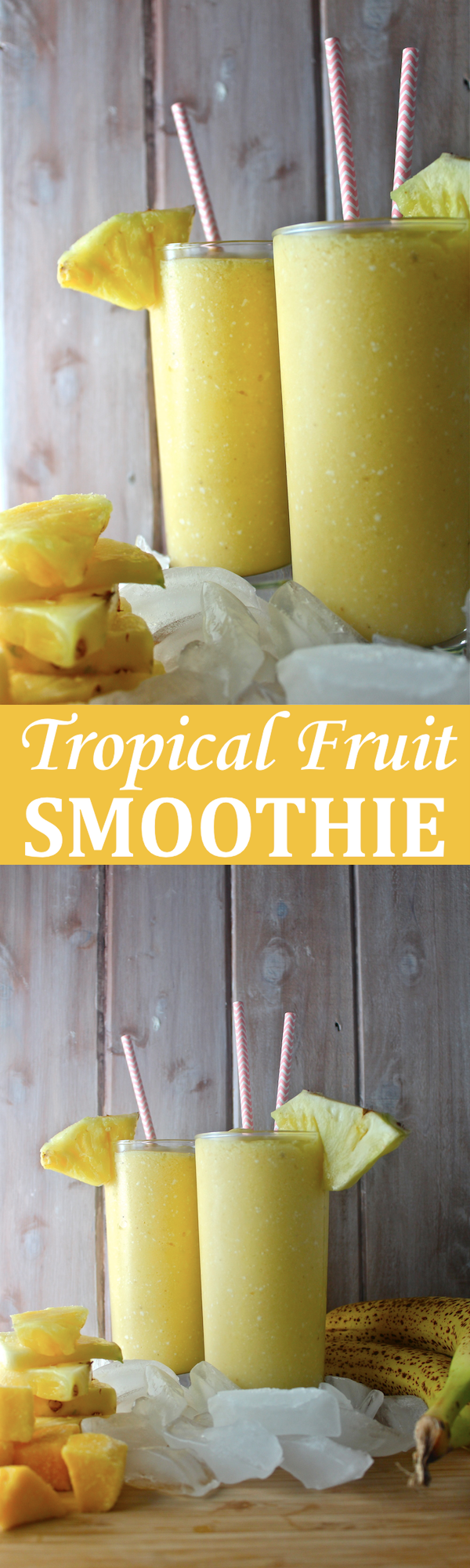 This Tropical Fruit Smoothie - with lots of pineapple, mango, and rich coconut milk - is fruity, frosty, tart, and creamy! | The Millennial Cook #winterrecipe #smoothie #orange #banana #mango #pineapple #coconut