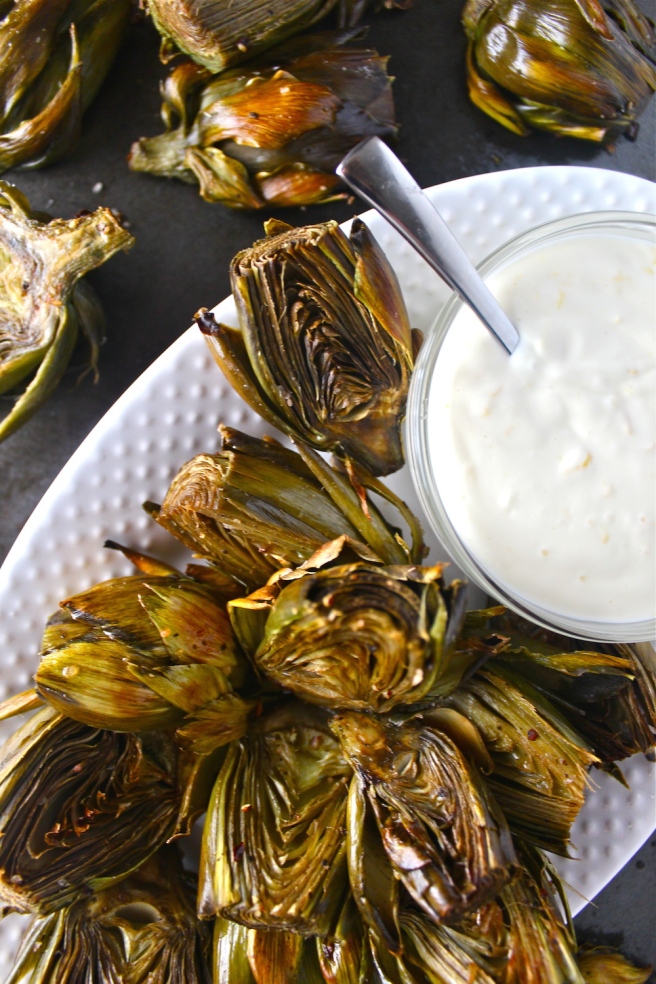 These Roasted Baby Artichokes with Lemon Mayonnaise are a delicious savory, tart, and creamy appetizer that’s perfect for spring! | The Millennial Cook #springrecipe #appetizer #artichoke