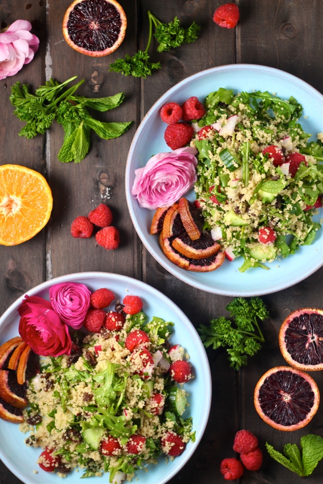 This flavorful Spring Couscous Salad is filled with peppery arugula, fresh raspberries, and crunchy vegetables! | The Millennial Cook #spring #springrecipe #salad #couscous